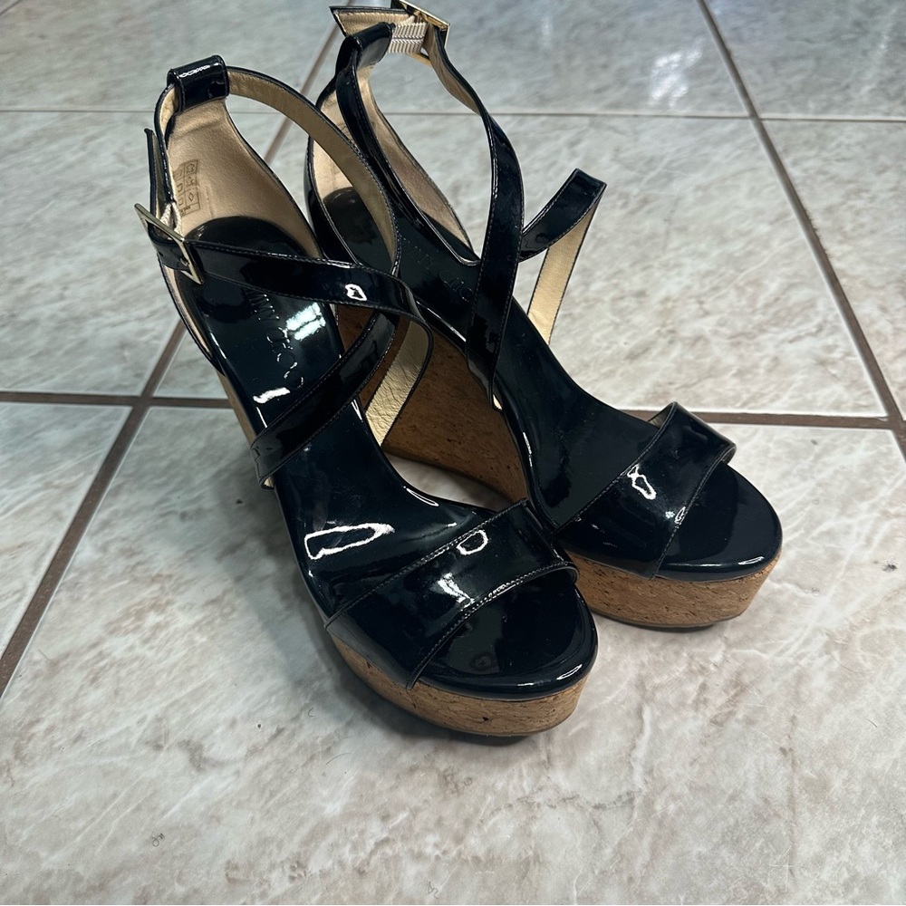 Jimmy Choo Blk Patent Leather Portia Cork Platform Wedge Cross Strap Sandals 40